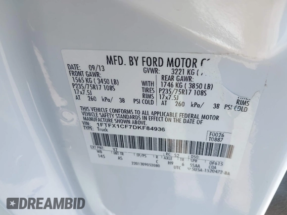 2013 Ford F-150 XL with VIN 1FTFX1CF7DKF84936, listed as a IAAI auction lot 42052553 with 340,986 mi miles and . Bid and sale history available at DreamBid. Image 9.