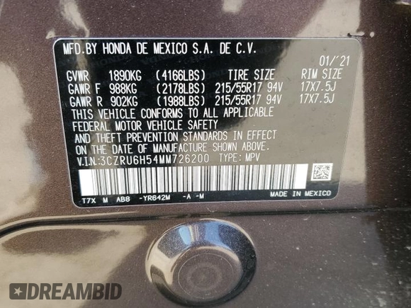 2021 Honda HR-V EX with VIN 3CZRU6H54MM726200, listed as a Copart auction lot 50917655 with 35,893 mi miles and Salvage Title. Bid and sale history available at carsss.com. Image 16.