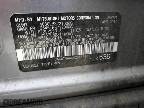 2019 Mitsubishi Eclipse Cross LE with VIN JA4AT4AAXKZ046597, listed as a Copart auction lot 58757355 with 88,892 mi miles and Salvage title. Bid and sale history available at DreamBid. Image 13.