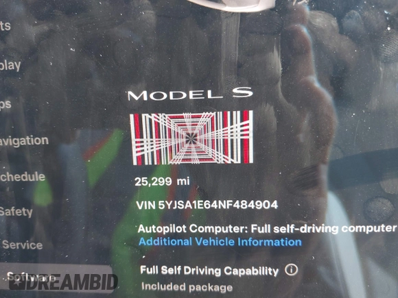 2022 Tesla Model S Plaid with VIN 5YJSA1E64NF484904, listed as a IAAI auction lot 41594464 with 25,299 mi miles and . Bid and sale history available at DreamBid. Image 7.