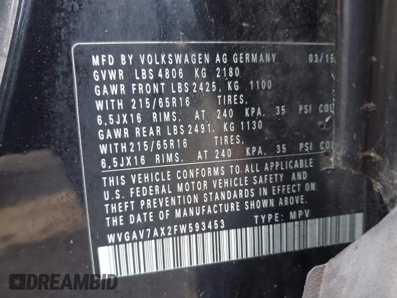 2015 Volkswagen Tiguan SE z VIN WVGAV7AX2FW593453, wystawiony jako IAAI lot #41658359 z przebiegiem 159 619 mil mil oraz . Historia ofert i sprzedaży dostępna na DreamBid. Obrazek 9.
