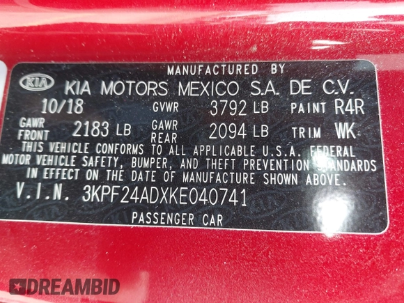 2019 Kia Forte LXS with VIN 3KPF24ADXKE040741, listed as a IAAI auction lot 41525717 with 59,962 mi miles. Bid and sale history available at carsss.com. Image 9.