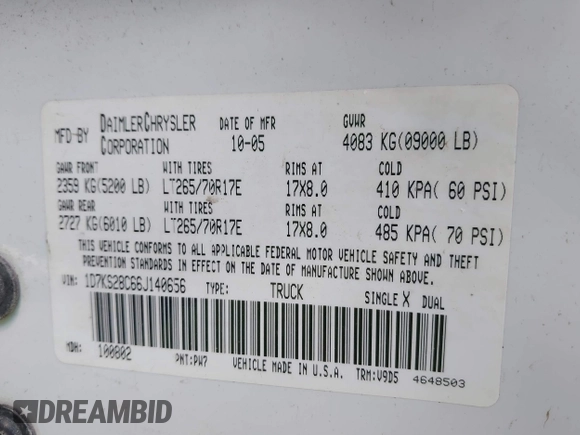 2006 Dodge 2500 SLT with VIN 1D7KS28C66J140656, listed as a IAAI auction lot 40547730 with Not provided miles and . Bid and sale history available at DreamBid. Image 9.