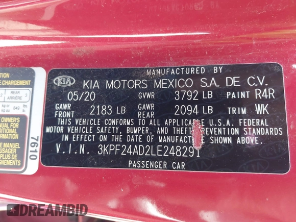 2020 Kia Forte LXS z VIN 3KPF24AD2LE248291, wystawiony jako IAAI lot #42084121 z przebiegiem 58 169 mil mil oraz . Historia ofert i sprzedaży dostępna na DreamBid. Obrazek 9.