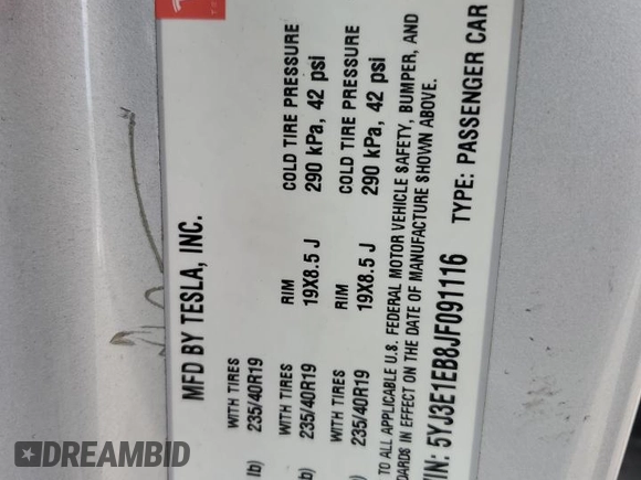 2018 Tesla Model 3 Long Range Battery with VIN 5YJ3E1EB8JF091116, listed as a Copart auction lot 43281485 with 58,677 mi miles and Salvage Title. Bid and sale history available at DreamBid. Image 12.