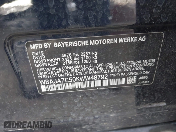 2019 BMW 5 Series 530i xDrive with VIN WBAJA7C50KWW48792, listed as a IAAI auction lot 41840161 with 58,313 mi miles. Bid and sale history available at carsss.com. Image 9.