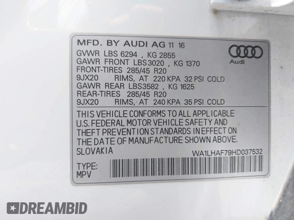2017 Audi Q7 Premium Plus with VIN WA1LHAF79HD037532, listed as a IAAI auction lot 42549373 with 50,076 mi miles and . Bid and sale history available at DreamBid. Image 9.