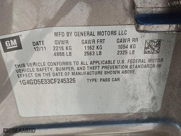 2012 Buick LaCrosse Premium 1 with VIN 1G4GD5E33CF245326, listed as a IAAI auction lot 41765658 with NaN miles. Bid and sale history available at carsss.com. Image 9.