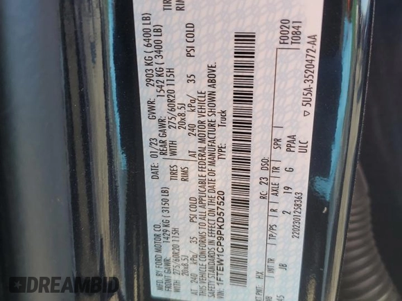 2023 Ford F-150 XL with VIN 1FTEW1CP9PKD57520, listed as a Copart auction lot 50247595 with 39,477 mi miles and Salvage Title. Bid and sale history available at carsss.com. Image 12.