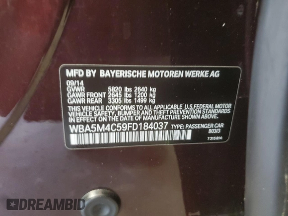 2015 BMW 5 Series 535i Gran Turismo xDrive with VIN WBA5M4C59FD184037, listed as a Copart auction lot 59118945 with 128,263 mi miles and Salvage title. Bid and sale history available at DreamBid. Image 13.