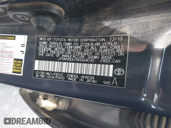 2011 Toyota Prius I with VIN JTDKN3DU7B0264070, listed as a IAAI auction lot 42153409 with 208,430 mi miles and . Bid and sale history available at DreamBid. Image 9.