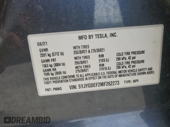 2021 Tesla Model Y Performance with VIN 5YJYGDEF2MF262273, listed as a Copart auction lot 50569245 with 90,879 mi miles and Salvage Title. Bid and sale history available at DreamBid. Image 13.
