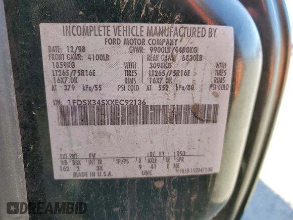 1999 Ford F-350 with VIN 1FDSX34SXXEC92136, listed as a Copart auction lot 81284284 with 448,513 mi miles and Non repairable. Bid and sale history available at DreamBid. Image 12.