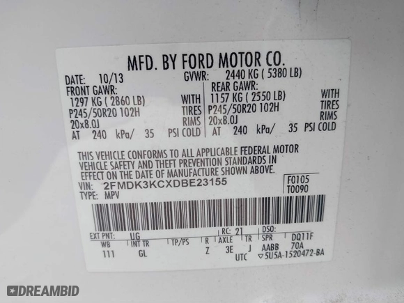 2013 Ford Edge Limited with VIN 2FMDK3KCXDBE23155, listed as a IAAI auction lot 41071952 with 118,670 mi miles. Bid and sale history available at carsss.com. Image 9.