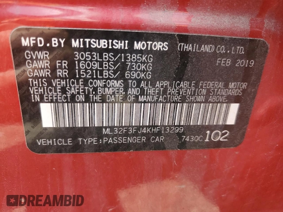 2019 Mitsubishi Mirage ES with VIN ML32F3FJ4KHF13299, listed as a Copart auction lot 58901695 with 58,644 mi miles and Salvage title. Bid and sale history available at DreamBid. Image 12.