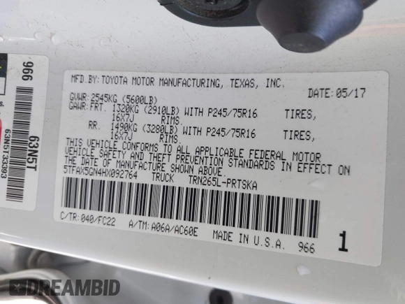 2017 Toyota Tacoma SR with VIN 5TFAX5GN4HX092764, listed as a IAAI auction lot 41708434 with 114,607 mi miles. Bid and sale history available at carsss.com. Image 9.