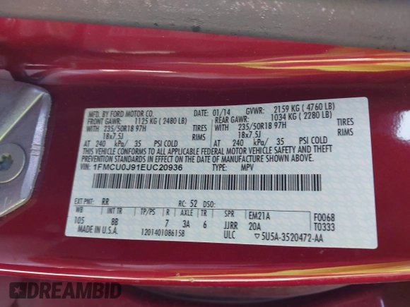2014 Ford Escape Titanium с VIN 1FMCU0J91EUC20936, выставлен на аукционе IAAI как лот 41626264 с пробегом 27 089 миль миль и . История ставок и продаж доступна на DreamBid. Изображение 9.