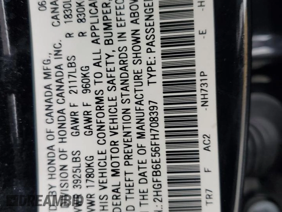2015 Honda Civic Sedan Si with VIN 2HGFB6E56FH708397, listed as a Copart auction lot 53377305 with 112,385 mi miles and Clean Title. Bid and sale history available at carsss.com. Image 12.