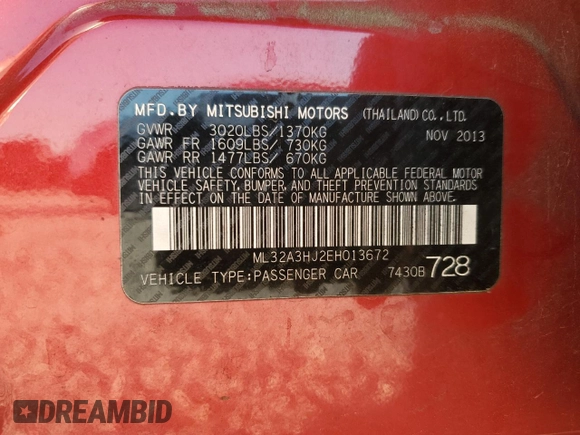 2014 Mitsubishi Mirage DE with VIN ML32A3HJ2EH013672, listed as a Copart auction lot 52453265 with 149,417 mi miles and Salvage title. Bid and sale history available at DreamBid. Image 15.