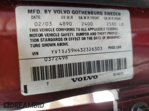 2003 Volvo V70 с VIN YV1SJ59H432326303, выставлен на аукционе Copart как лот 46673935 с пробегом 373 432 миль миль и Списание • Salvage title. История ставок и продаж доступна на DreamBid. Изображение 12.