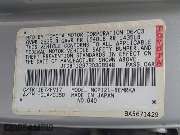2003 Toyota ECHO with VIN JTDBT123730308946, listed as a IAAI auction lot 42653925 with 256,186 mi miles and . Bid and sale history available at DreamBid. Image 9.