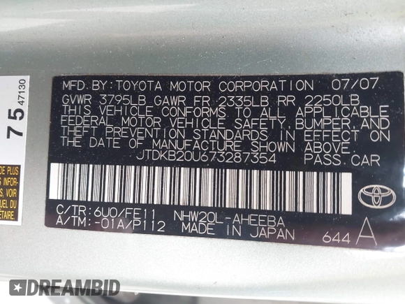 2007 Toyota Prius z VIN JTDKB20U673287354, wystawiony jako IAAI lot #42510185 z przebiegiem 253 448 mil mil oraz . Historia ofert i sprzedaży dostępna na DreamBid. Obrazek 9.