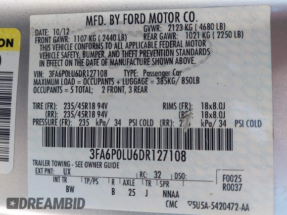 2013 Ford Fusion SE Hybrid with VIN 3FA6P0LU6DR127108, listed as a IAAI auction lot 42023529 with 250,057 mi miles. Bid and sale history available at carsss.com. Image 9.