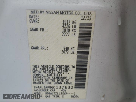 2016 Nissan Altima SL with VIN 1N4AL3AP8GC137632, listed as a Copart auction lot 63238655 with 75,835 mi miles and Salvage title. Bid and sale history available at DreamBid. Image 12.