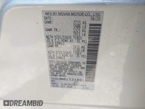 2020 Infiniti QX60 Luxe с VIN 5N1DL0MN9LC535891, выставлен на аукционе IAAI как лот 41549458 с пробегом 39 409 миль миль и . История ставок и продаж доступна на DreamBid. Изображение 9.