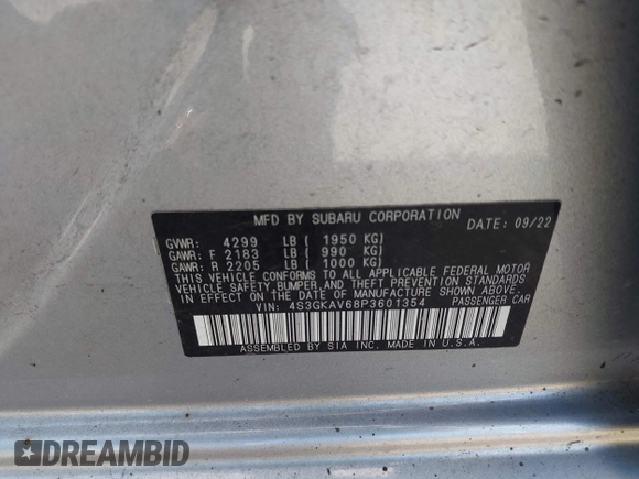 2023 Subaru Impreza Premium with VIN 4S3GKAV68P3601354, listed as a IAAI auction lot 42485557 with 31,019 mi miles and . Bid and sale history available at DreamBid. Image 9.