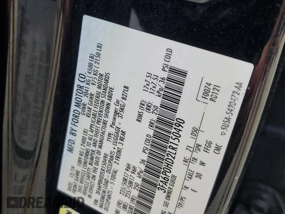 2020 Ford Fusion SE with VIN 3FA6P0HD2LR150490, listed as a Copart auction lot 55326215 with 101,457 mi miles and Salvage title. Bid and sale history available at DreamBid. Image 12.