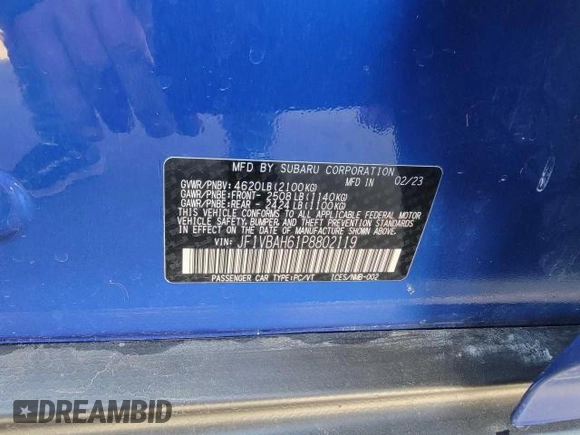 2023 Subaru WRX Premium with VIN JF1VBAH61P8802119, listed as a Copart auction lot 42080955 with 197 mi miles and Salvage title. Bid and sale history available at DreamBid. Image 10.