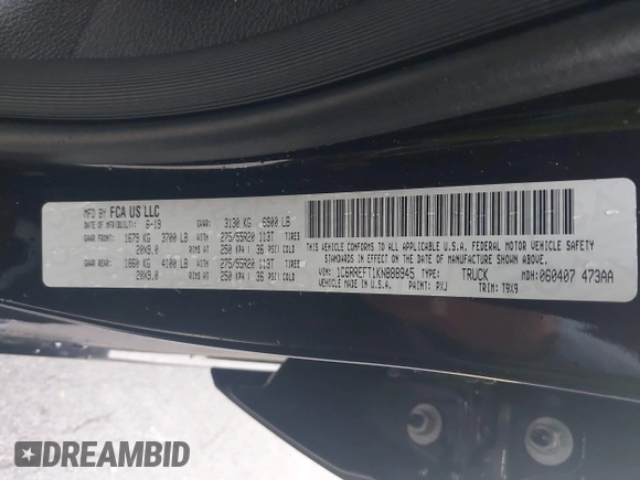 2019 Ram 1500 Big Horn with VIN 1C6RREFT1KN888945, listed as a IAAI auction lot 42419282 with 77,403 mi miles and . Bid and sale history available at DreamBid. Image 9.
