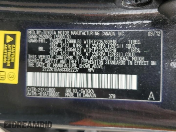 2012 Lexus RX 350 with VIN 2T2ZK1BA6CC082237, listed as a Copart auction lot 45843925 with 129,983 mi miles and Salvage Title. Bid and sale history available at DreamBid. Image 14.