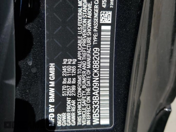 2022 BMW M4 Competition xDrive z VIN WBS33BA09NCK88209, wystawiony jako Copart lot #46529225 z przebiegiem 12 036 mil mil oraz Szkoda całkowita • Salvage title. Historia ofert i sprzedaży dostępna na DreamBid. Obrazek 13.