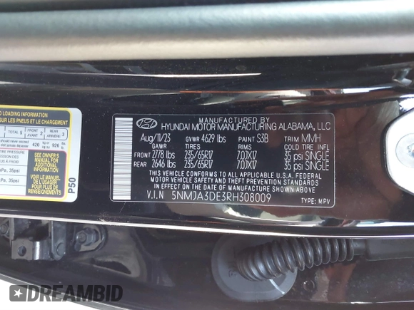 2024 Hyundai Tucson SE with VIN 5NMJA3DE3RH308009, listed as a IAAI auction lot 41708079 with 46,077 mi miles and . Bid and sale history available at carsss.com. Image 9.