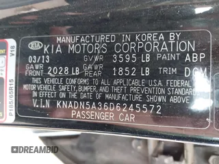 2013 Kia Rio SX with VIN KNADN5A36D6245572, listed as a IAAI auction lot 42182188 with 205,142 mi miles and . Bid and sale history available at DreamBid. Image 9.