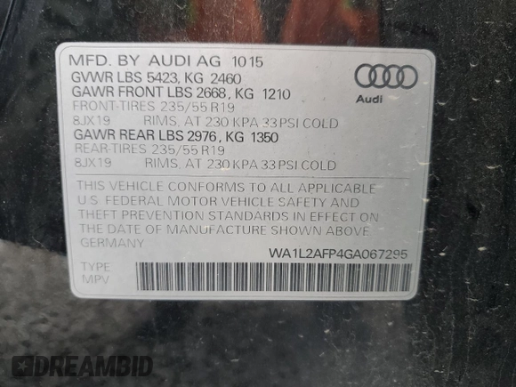 2016 Audi Q5 Premium Plus with VIN WA1L2AFP4GA067295, listed as a Copart auction lot 49489945 with 113,485 mi miles and Salvage Title. Bid and sale history available at carsss.com. Image 13.
