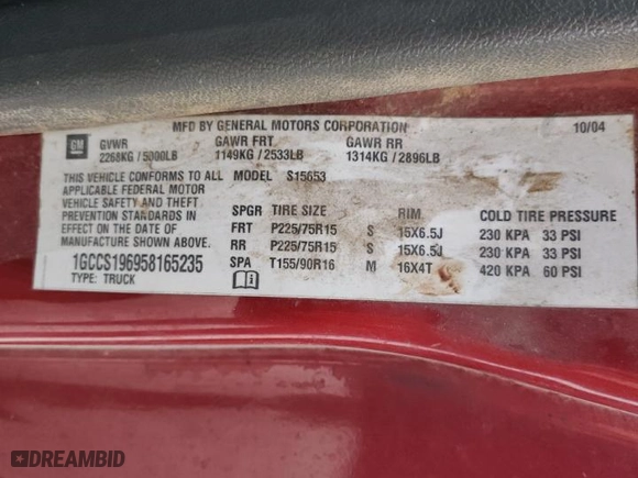 2005 Chevrolet Colorado LS Z85 with VIN 1GCCS196958165235, listed as a Copart auction lot 46813124 with 334,349 mi miles and Salvage Title. Bid and sale history available at carsss.com. Image 12.
