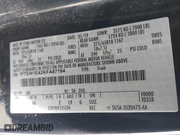 2019 Ford F-150 XL with VIN 1FTEW1E42KFA87194, listed as a IAAI auction lot 41266379 with 89,799 mi miles. Bid and sale history available at carsss.com. Image 8.