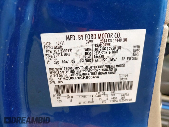 2012 Ford Escape XLS with VIN 1FMCU0C70CKB66484, listed as a Copart auction lot 56584395 with 144,113 mi miles and Salvage title. Bid and sale history available at DreamBid. Image 13.