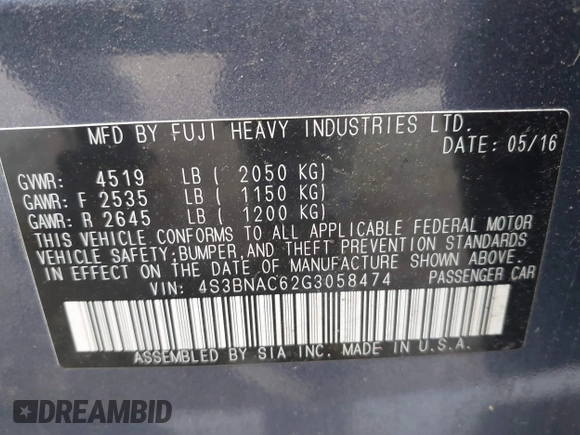 2016 Subaru Legacy Premium with VIN 4S3BNAC62G3058474, listed as a IAAI auction lot 41998499 with 90,536 mi miles and . Bid and sale history available at DreamBid. Image 9.