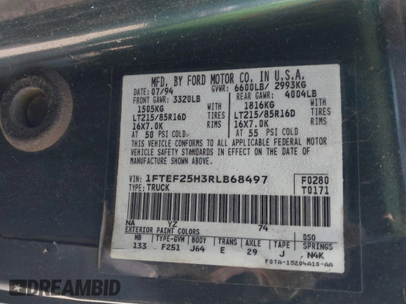 1994 Ford F-250 with VIN 1FTEF25H3RLB68497, listed as a IAAI auction lot 42178117 with 221,447 mi miles and . Bid and sale history available at DreamBid. Image 9.
