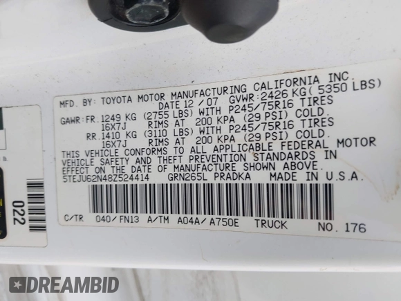 2008 Toyota Tacoma PreRunner with VIN 5TEJU62N48Z524414, listed as a IAAI auction lot 41960081 with 128,128 mi miles and . Bid and sale history available at DreamBid. Image 9.