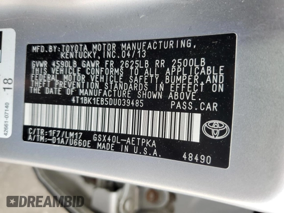 2013 Toyota Avalon XLE with VIN 4T1BK1EB5DU039485, listed as a Copart auction lot 59270535 with 80,062 mi miles and Salvage title. Bid and sale history available at DreamBid. Image 12.