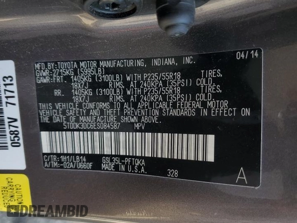 2014 Toyota Sienna Limited с VIN 5TDDK3DC6ES084587, выставлен на аукционе Copart как лот 62018095 с пробегом 152 124 миль миль и Списание • Salvage title. История ставок и продаж доступна на DreamBid. Изображение 13.