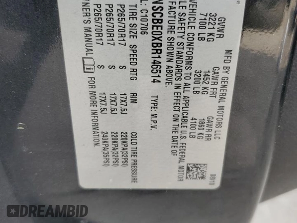 2011 Chevrolet Tahoe LT with VIN 1GNSCBE0XBR146514, listed as a Copart auction lot 54403085 with Not provided miles and Clean title. Bid and sale history available at DreamBid. Image 13.