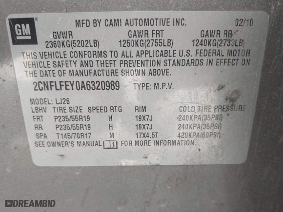 2010 Chevrolet Equinox LTZ with VIN 2CNFLFEY0A6320989, listed as a IAAI auction lot 41929141 with 267,191 mi miles. Bid and sale history available at carsss.com. Image 9.