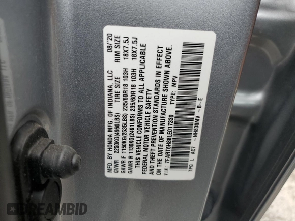 2020 Honda CR-V EX-L with VIN 7FART6H88LE017330, listed as a Copart auction lot 52444145 with Not provided miles and Salvage title. Bid and sale history available at DreamBid. Image 14.