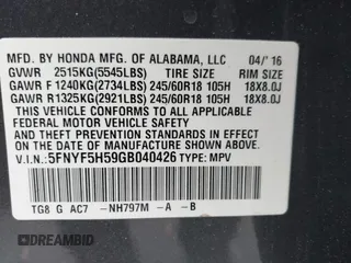 2016 Honda Pilot EX-L z VIN 5FNYF5H59GB040426, wystawiony jako IAAI lot #42170665 z przebiegiem 69 569 mil mil oraz . Historia ofert i sprzedaży dostępna na DreamBid. Obrazek 9.